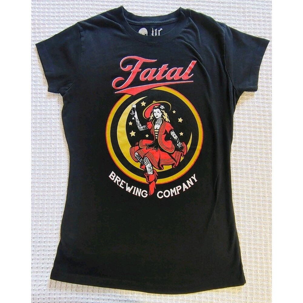 Y2K Fatal Brewing Company Girl Tattoo Graphic Shirt SS Black Red Yellow Grunge